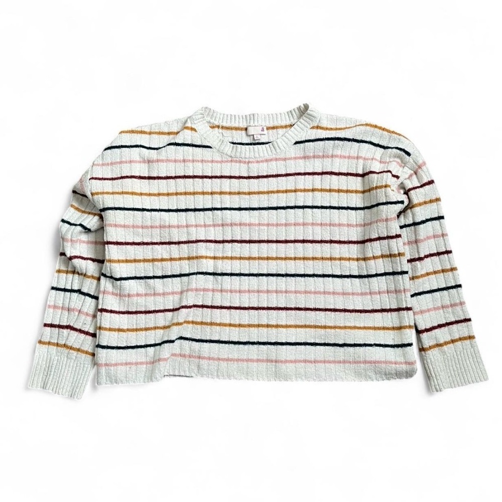 SO Cream Ribbed Sweater with Mustard, Navy, Blush and Burgundy Stripes